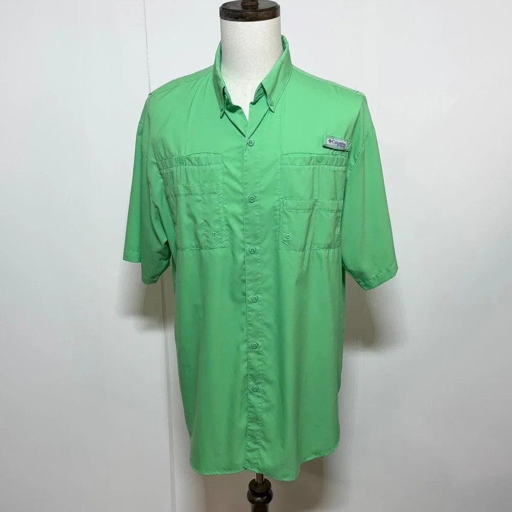 Columbia Shirt Men Large Tall Green PFG Tamiami II Omni Shade Short Sleeve Vent